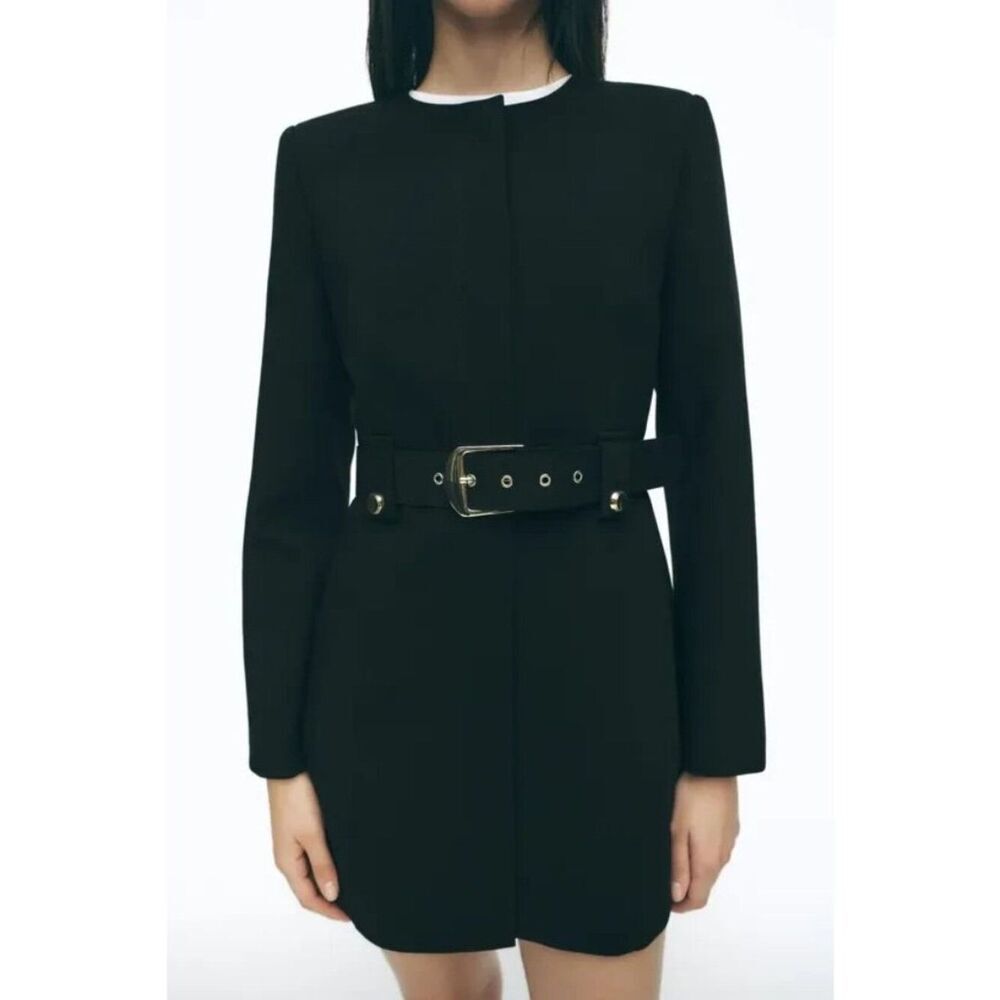 Zara Womens Blazer Jacket Belt Large Black Buckle Long Sleeve 2324/791 NWOT